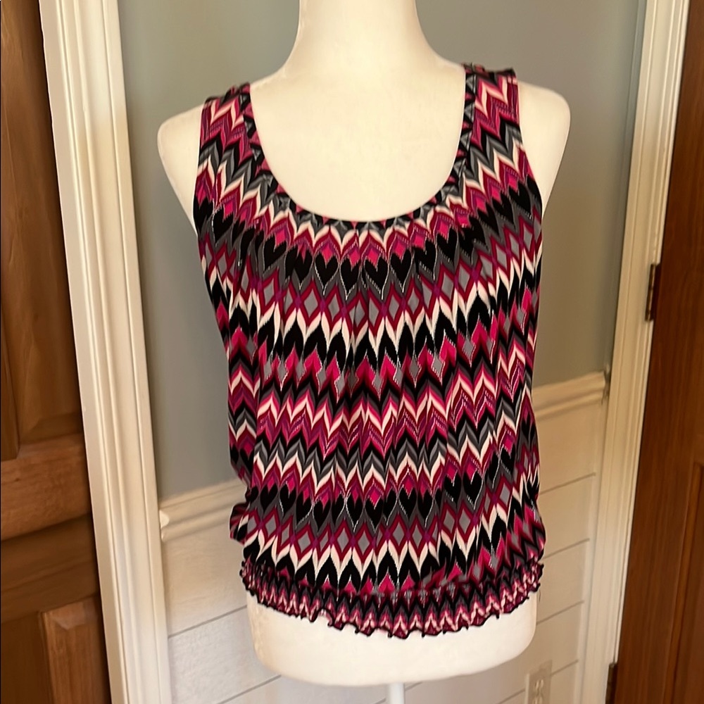 IZ by Byer Chic Chevron Tank Top - Pink, Black, White with Silver Threadng - L